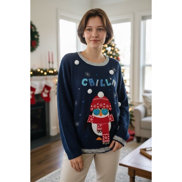 Holiday Time Woman's Penguin "Chill'n" Light-Up Ugly Christmas Sweater Size XL - Picture 1 of 6